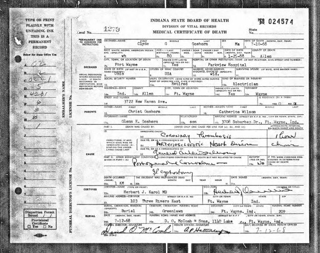 Clyde Goshorn Death Cert